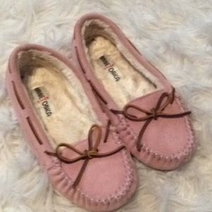Pink suede moccasin slippers